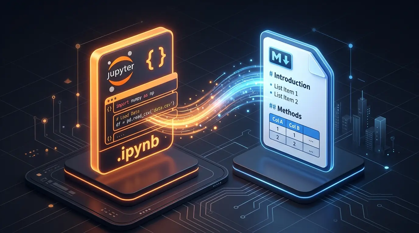 Diagram showing how to convert Jupyter Notebook ipynb file to Markdown md format online